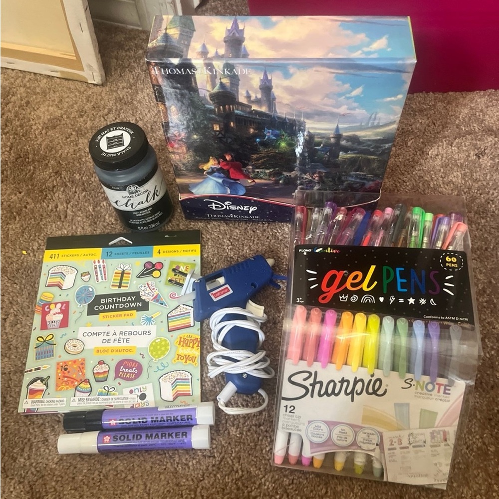 crafting supplies pens, paint, glue, markers, puzzle